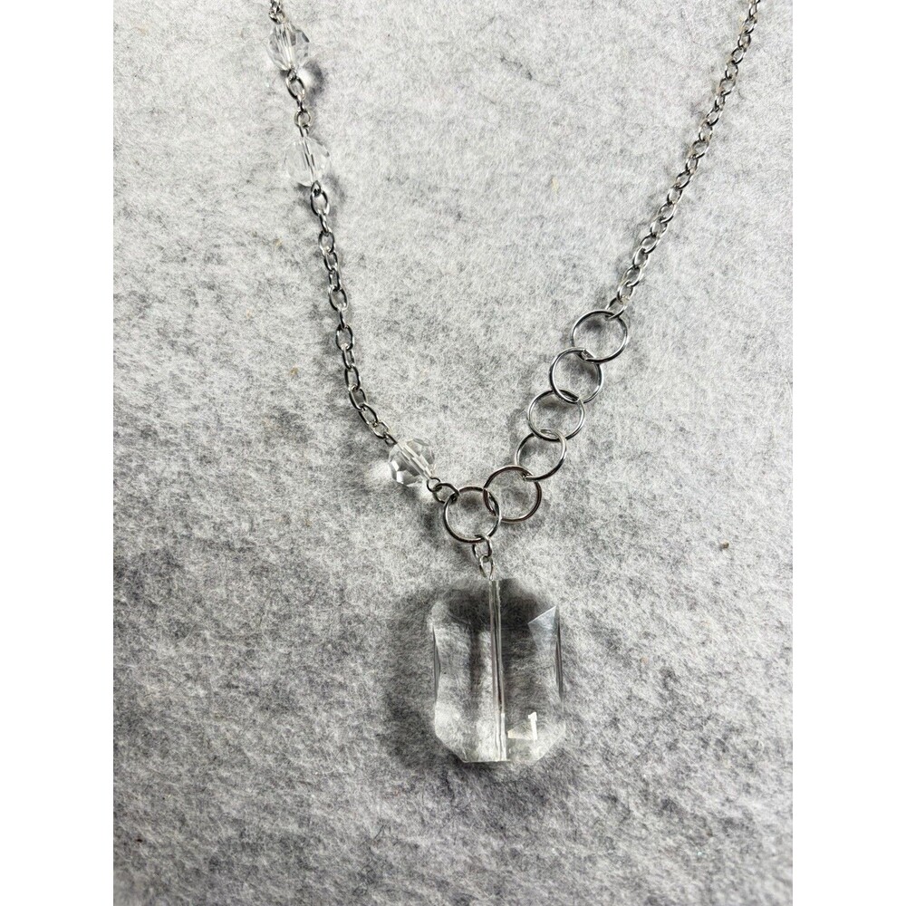 Y2K Silver Tone Clear Lucite Pendant Necklace Earrings Set Asymmetrical - Picture 3 of 7